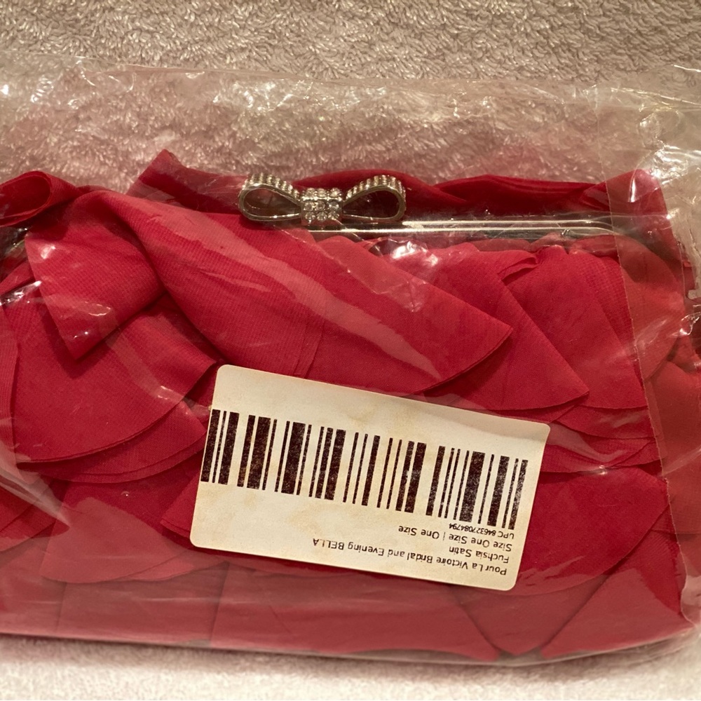 NWT Pour La Victoire Bella Fuchsia Satin Clutch, sparkly bow clasp